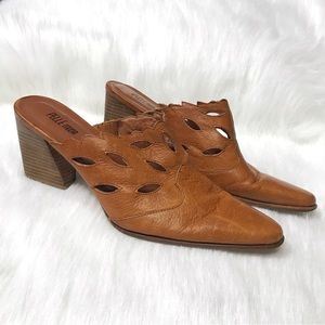 Pelle Moda Size 7.5 Cognac Tan Leather Mules Block Heel Perforated Cut Out